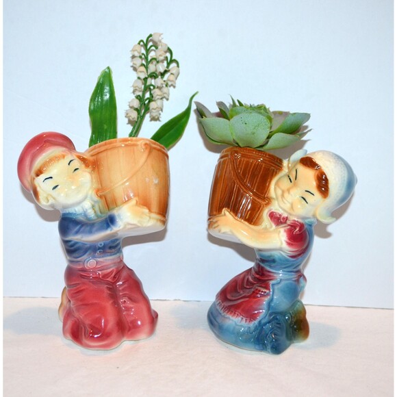 1950s Vintage Dutch Planters Kitsch Bucket Boy and Girl - Picture 1 of 8